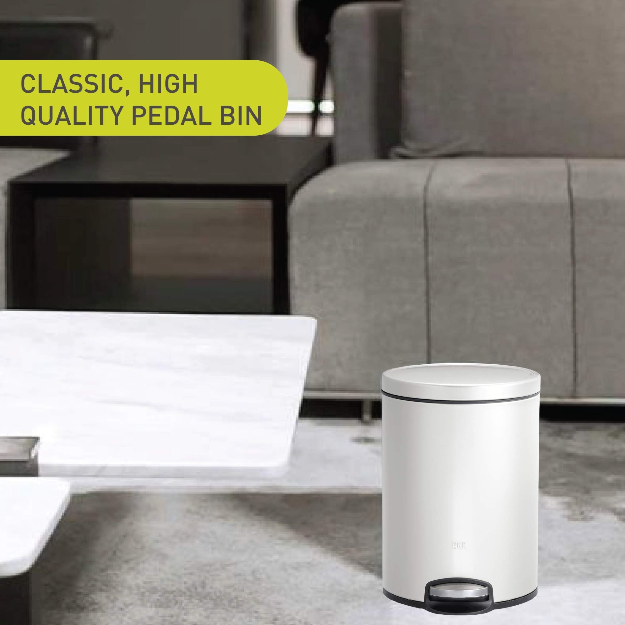 EKO Eva Pedal Bathroom Bin 5 Litres, Rubbish Bin with Soft Close Lid, Removable Inner Bucket, Perfect for Bathroom, Bedroom & Home, White