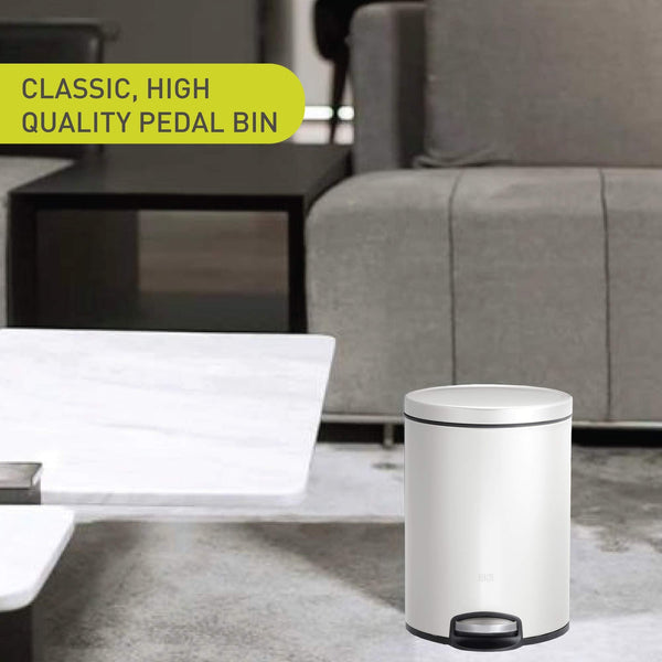 EKO Eva Pedal Bathroom Bin 5 Litres, Rubbish Bin with Soft Close Lid, Removable Inner Bucket, Perfect for Bathroom, Bedroom & Home, White