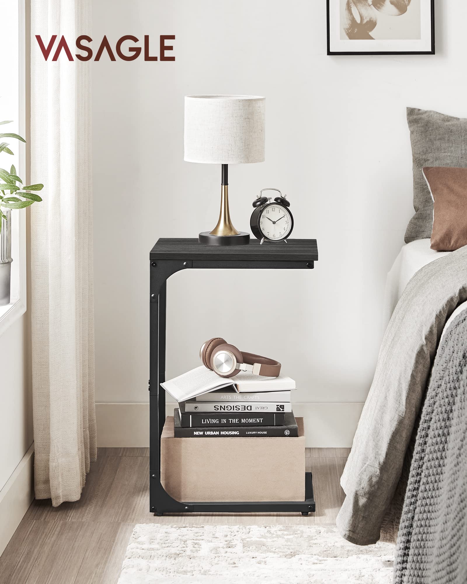 VASAGLE C-Shaped Side Table, Bedside Table, Sofa Side Table, Coffee Table, with Metal Frame, Industrial, for Living Room, Bedroom, Rustic Brown and Black LET350B01