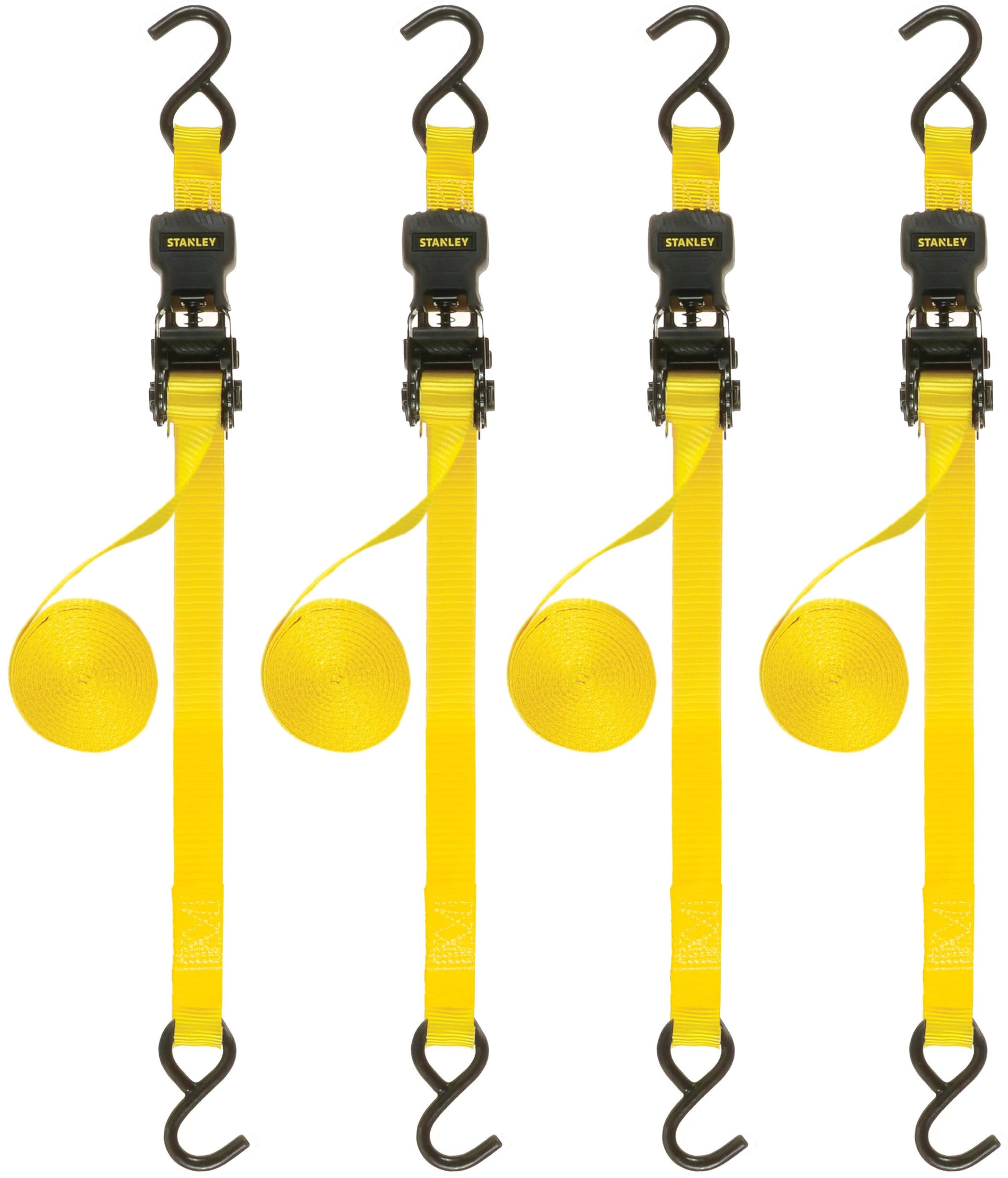 STANLEY S1007 Black/Yellow 1.5" x 16' Ratchet Tie Down Straps - 1,100 lb Safe Working Load / 3,300 lb Break Strength, 2 Pack