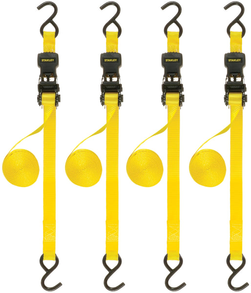 STANLEY S1007 Black/Yellow 1.5" x 16' Ratchet Tie Down Straps - 1,100 lb Safe Working Load / 3,300 lb Break Strength, 2 Pack
