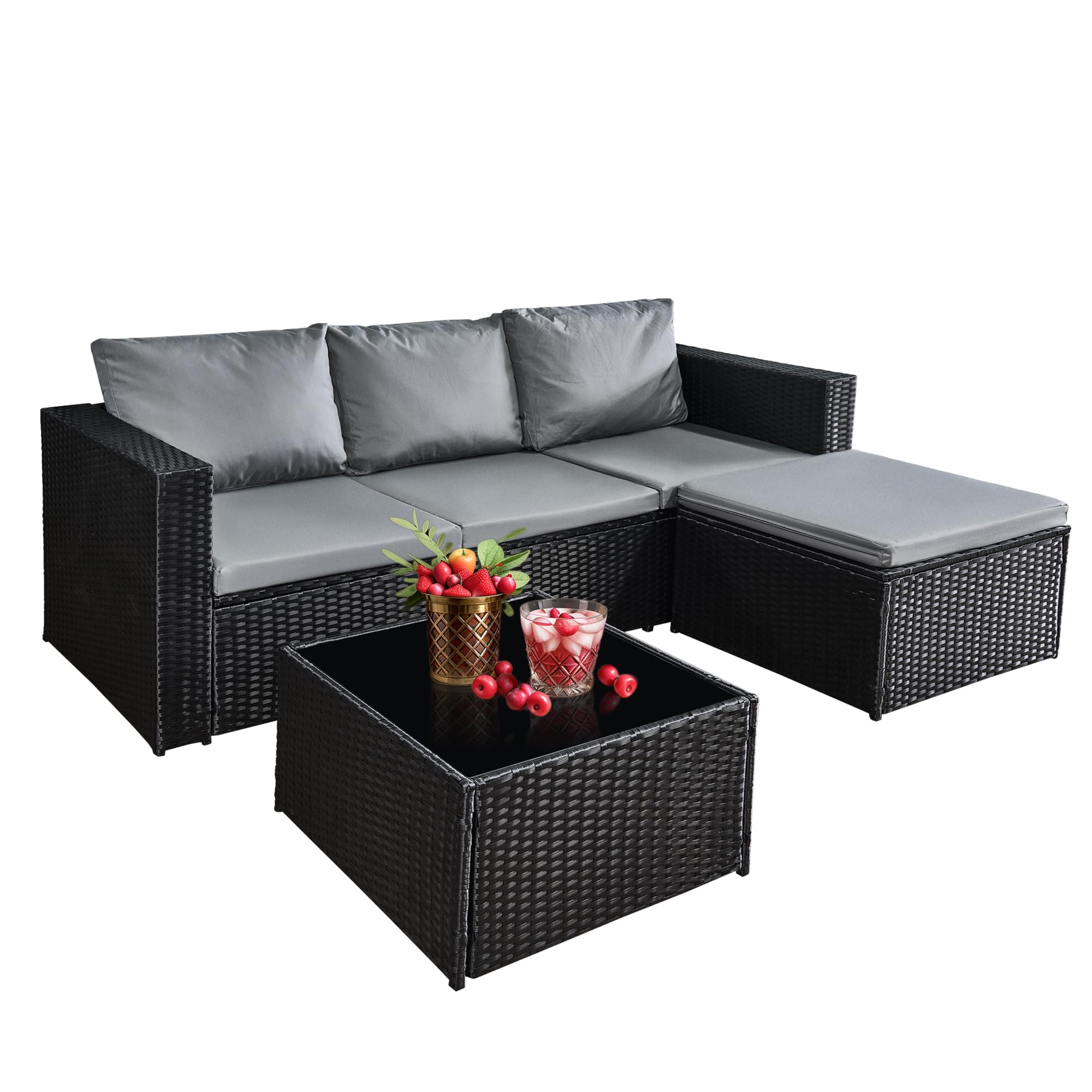 AOUXIN 3 Pieces Rattan garden furniture Patio Furniture Sets All Weather Outdoor Sectional Patio Sofa Manual Weaving Wicker Rattan Corner Sofa with Grey Cushions and Glass Table