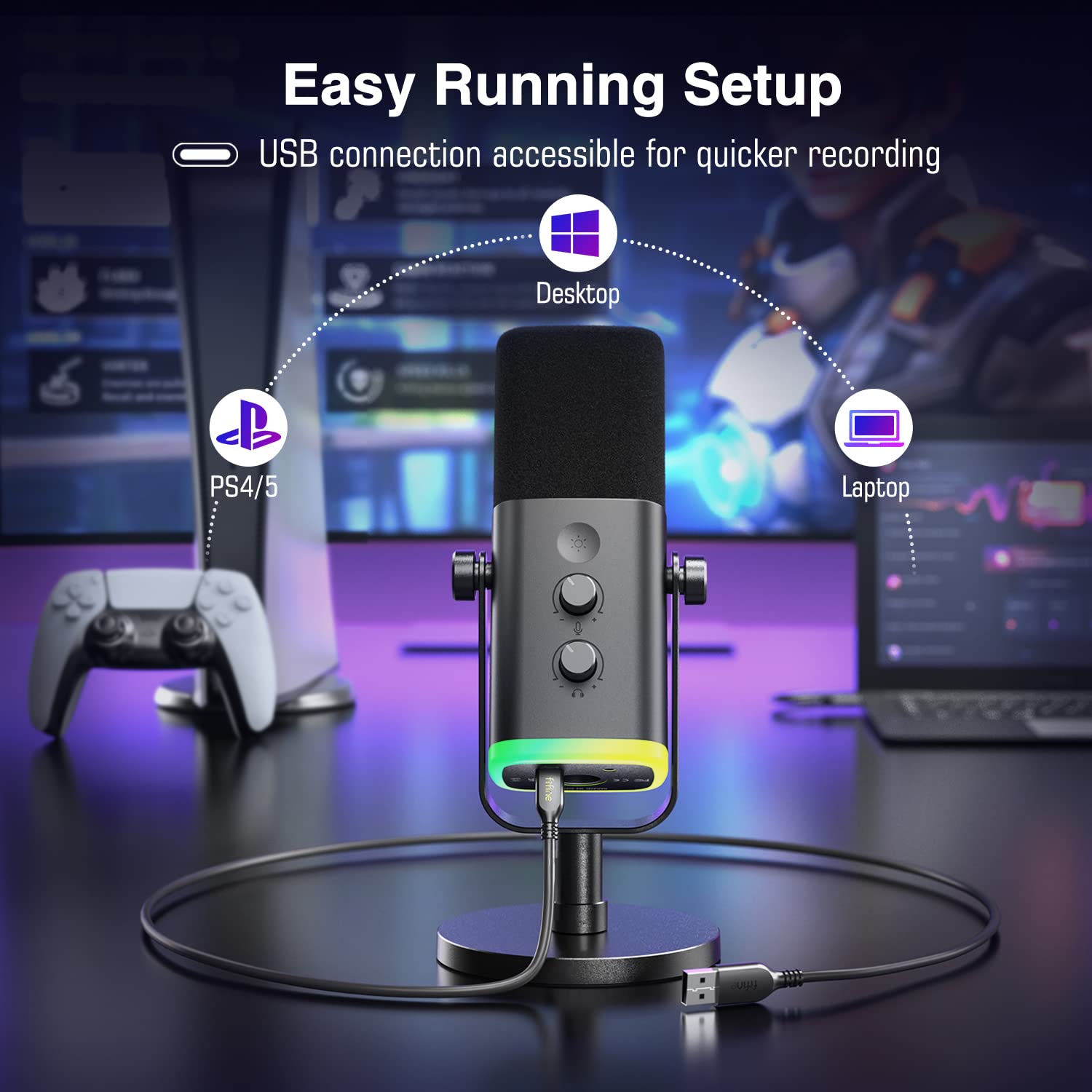 FIFINE XLR/USB Gaming Microphone, Studio Dynamic Streaming Mic, Computer Desktop Stand Microphone for Podcast, VoiceOver, Recording, with RGB, Mute, Monitoring Headphone Jack, Gain Knob, Black-AM8
