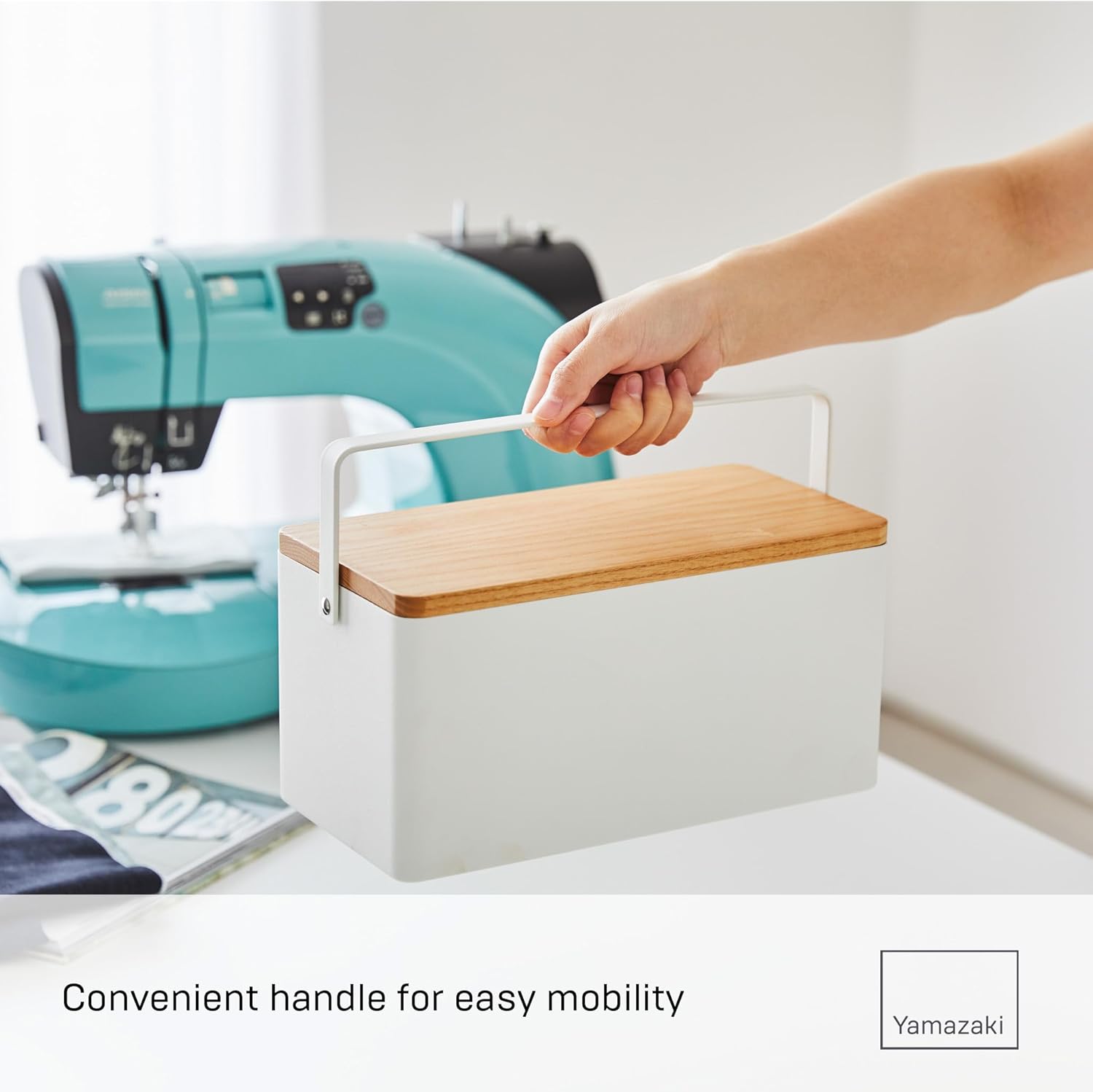 YAMAZAKI 5060 TOWER Sewing Box, White, Steel/Wood/ABS Resin/Cotton/Polyester, Minimalist Design, 27 x 14 x 13.5 cm (LxWxH)