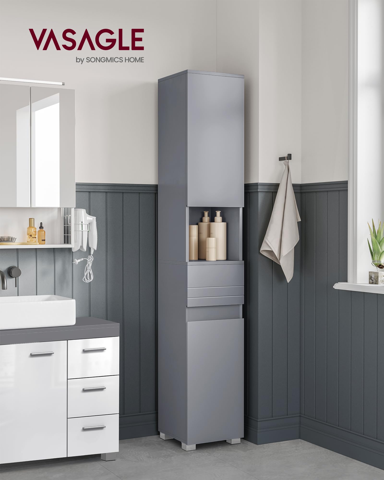 VASAGLE Tall Bathroom Cabinet, Slim Storage Cabinet, Narrow Cupboard, Bathroom Storage Unit, with a Drawer, Adjustable Shelves, 30 x 30 x 170 cm, White BBC560P31