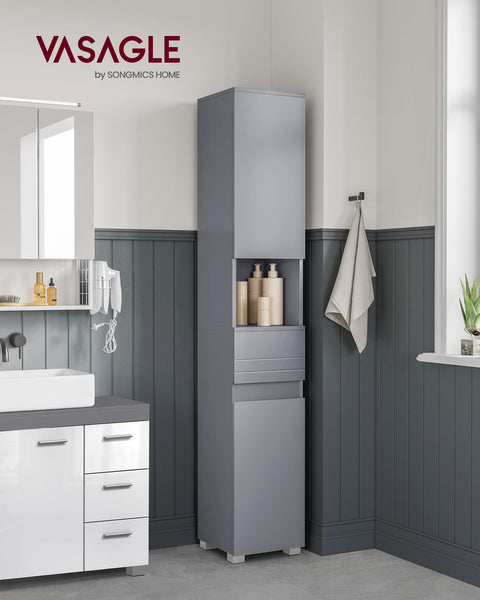 VASAGLE Tall Bathroom Cabinet, Slim Storage Cabinet, Narrow Cupboard, Bathroom Storage Unit, with a Drawer, Adjustable Shelves, 30 x 30 x 170 cm, White BBC560P31