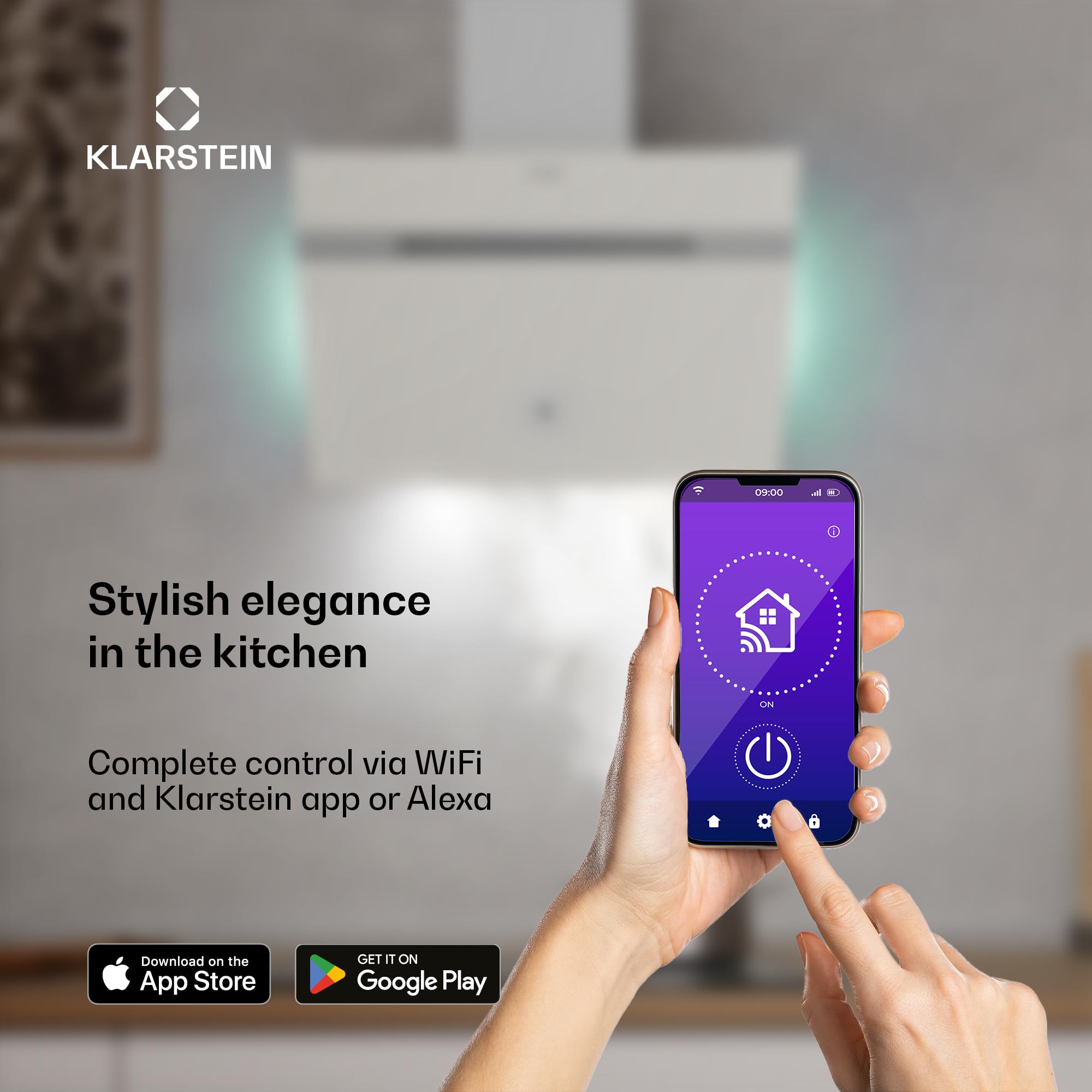 Klarstein Alina 90 Angled Cooker Hood - 600m³/h Air Flow, Touch Panel, LED Backlighting, Quiet 63dB, Energy Class A, 90cm Extractor Hood, Black