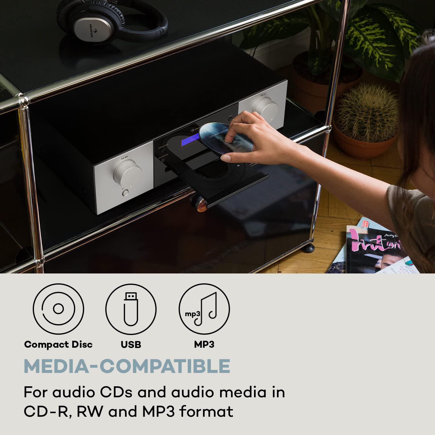 AUNA CD-1000 DG, CD Player HiFi, USB, MP3, Remote Control, CD Player with LED Display, CD Receiver Aluminium, black