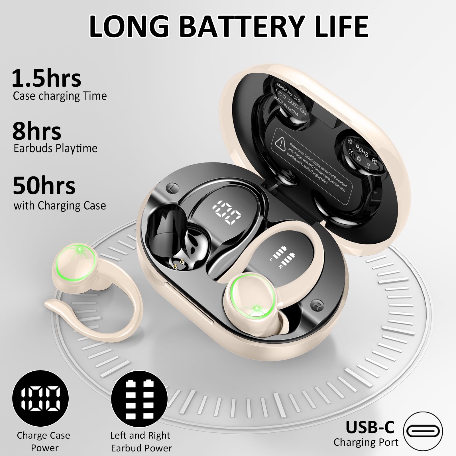 Wireless Earbuds, Bluetooth 5.4 Headphones, 50H+ Playtime Stereo Noise Canceling Headphones with 4 ENC Mic, Sport Ear buds with Earhooks, IPX7 Waterproof Wireless Earphones for Sport/Running/Gym