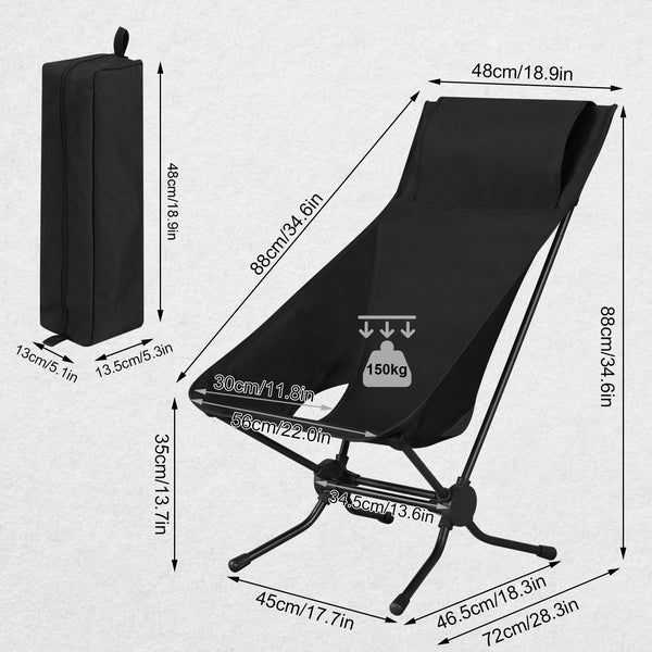 WOLTU Folding Camping Chair, Ultra Lightweight Alu Outdoor Chair, High Back, Portable Chair with Carrying Bag for Fishing, Picnic, Hiking, Heavy Duty 150kg Capacity, Black