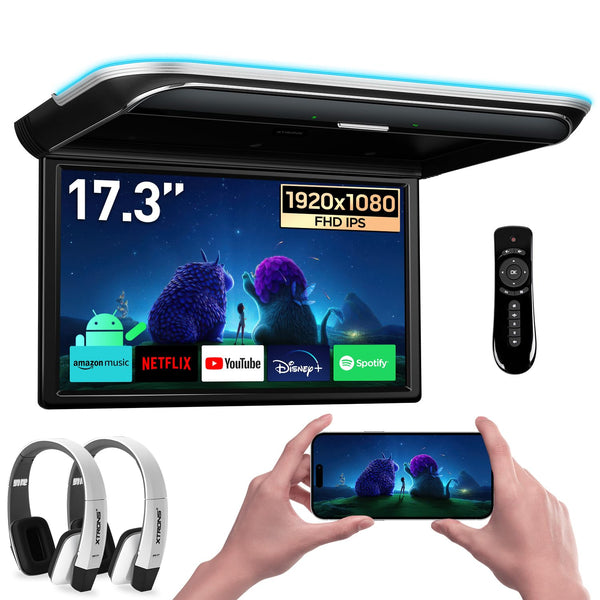 XTRONS 17.3-inch FHD Android 9.0 Car Overhead Flip Down Mount Monitor 8K 1080P IPS Screen Octa-core Car Roof Multimedia Player Car Video With Superior Sound and Screen Mirroring Support HDMI/USB/AV/IR