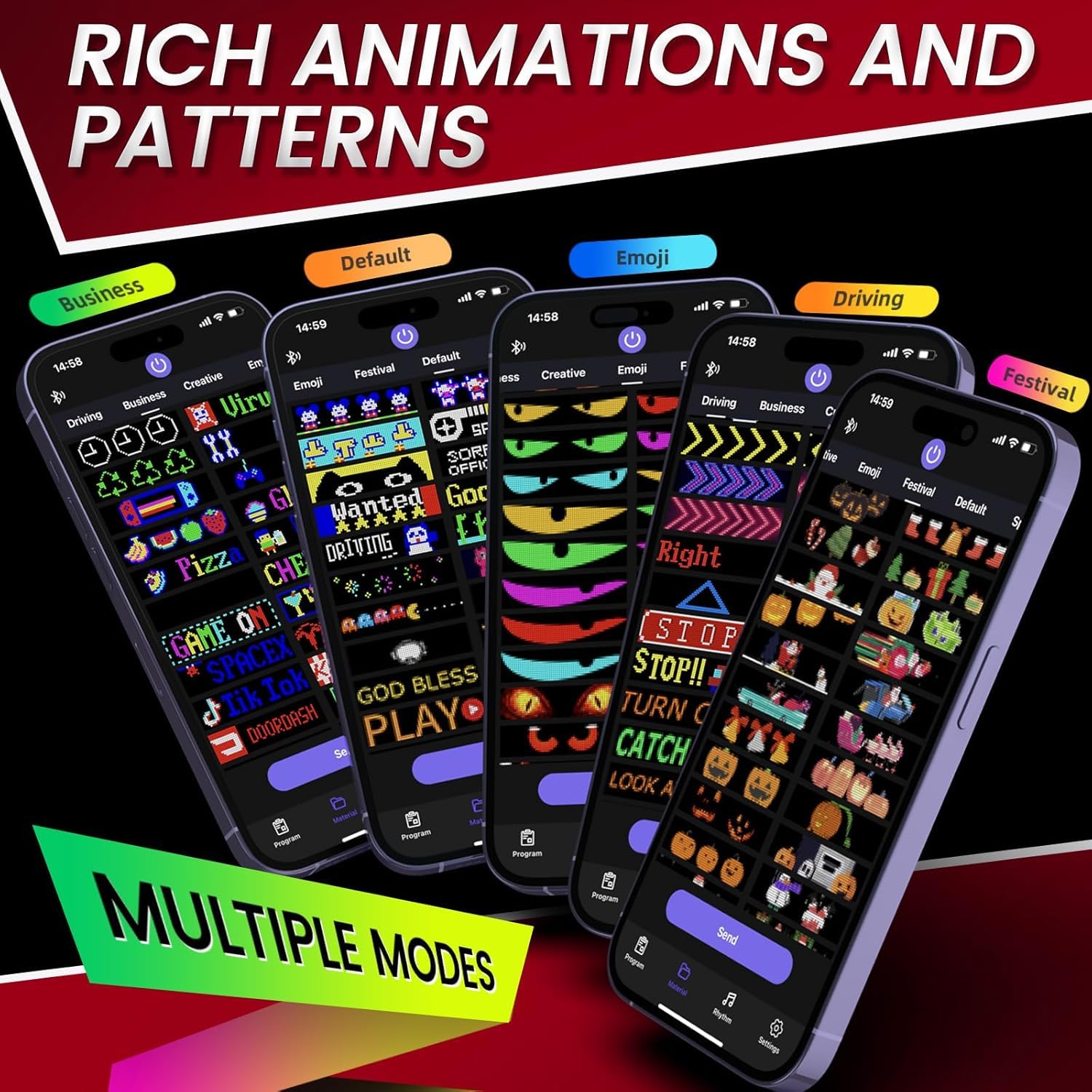 Qnoavve Bluetooth App Control LED Sign, 14.6"x3.6" Devil Eyes Car Lights, Flexible USB 5V LED Car Sign, Programmable Customizable Display Panel, Scrolling Message Board for Store Bar Hotel Party