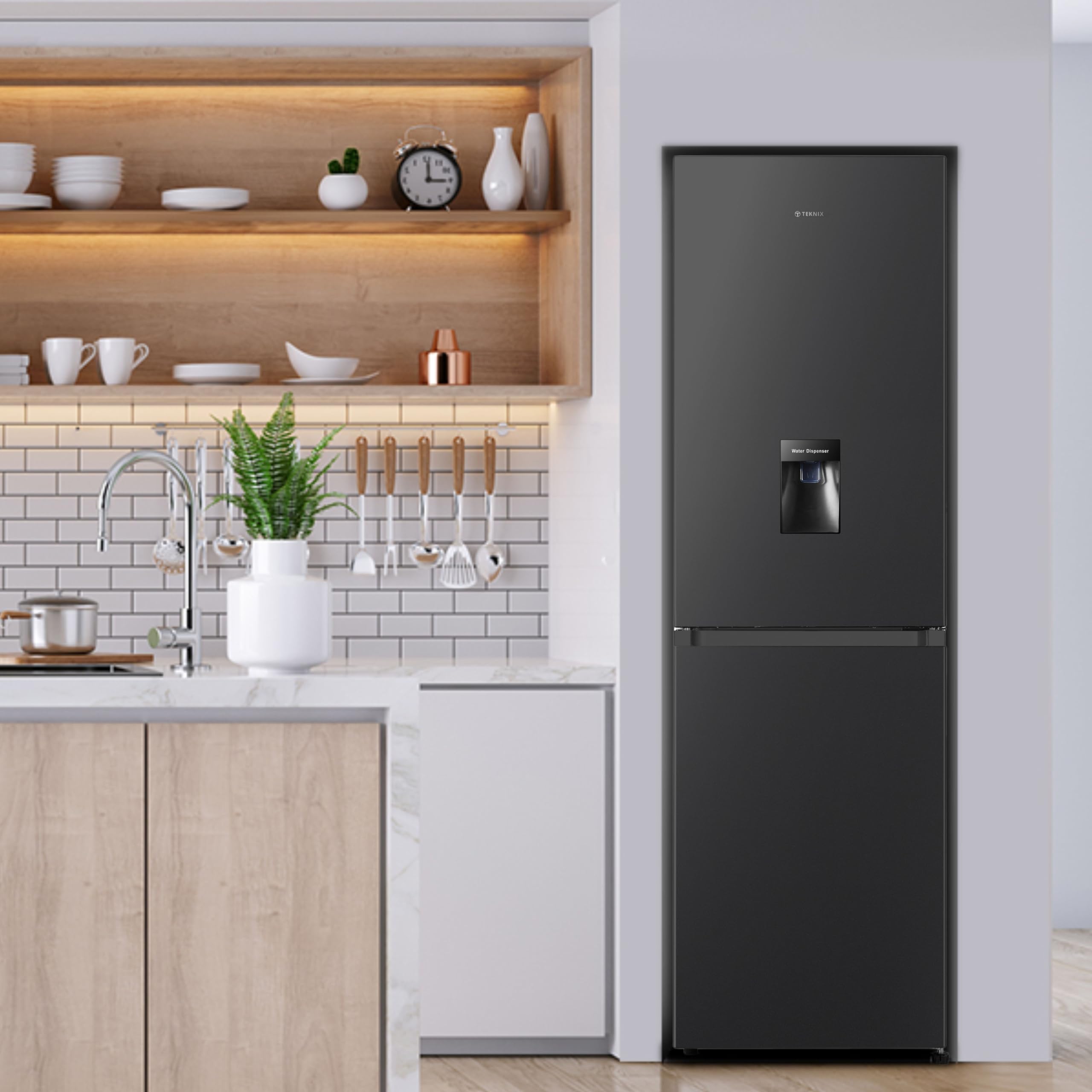 Teknix FFH1825WB 55cm Freestanding 50/50 Fridge Freezer - 256 Litre Capacity - Total No Frost - Non-plumbed Water Dispenser - Black, H182.5 x W55 x D56.2 (cm)