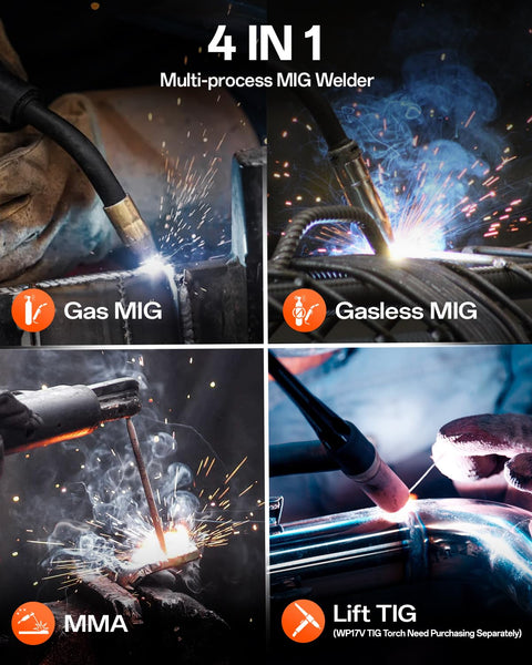 HITBOX Gasless MIG Welder 240V 200A, 3-in-1 Synergy Welding Machine MIG/ARC/Lift TIG with LED Display, Flux Core Wire & MIG Torch – IGBT Inverter Portable Welder(HBM200)