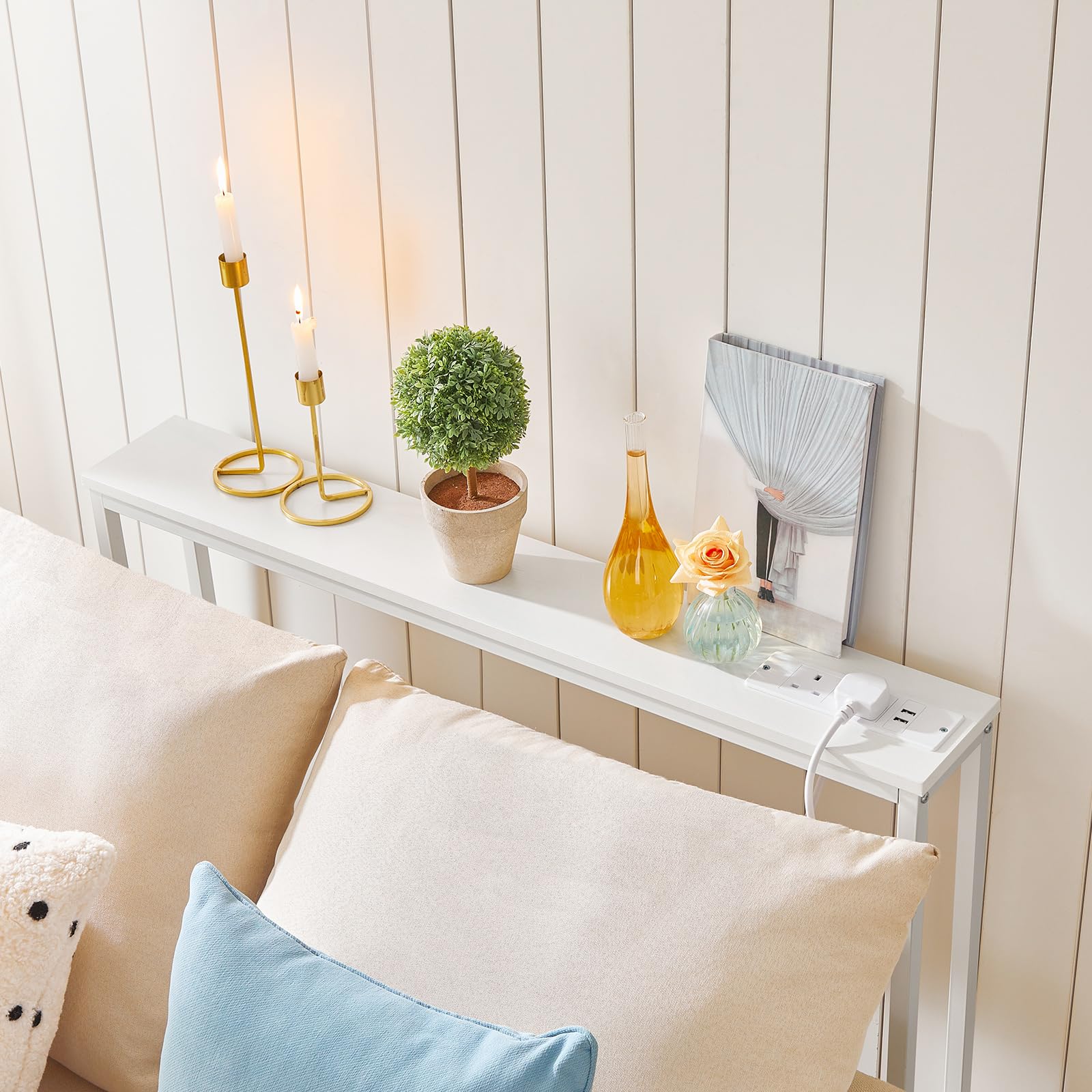 HOOBRO Slim Console Table with Charging Station, Hallway Table with USB Ports and Power Outlets, 100 cm Long, Narrow Behind Sofa Table, for Entryway,
