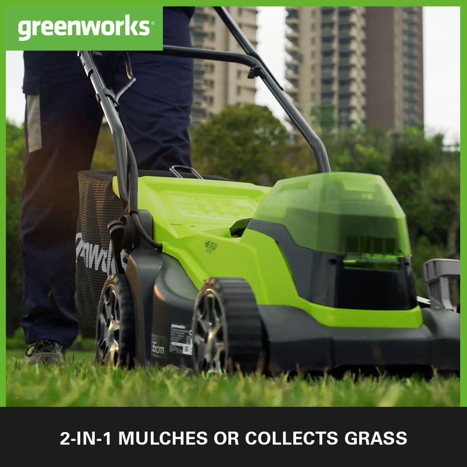 Greenworks G24X2LM36K4X Cordless Lawnmower for Lawns up to 420m², 36cm Cutting Width, 40L Bag PLUS Two of 2x24V(48V equivalent) 4Ah Batteries & Twin Charger, 3 Year Guarantee