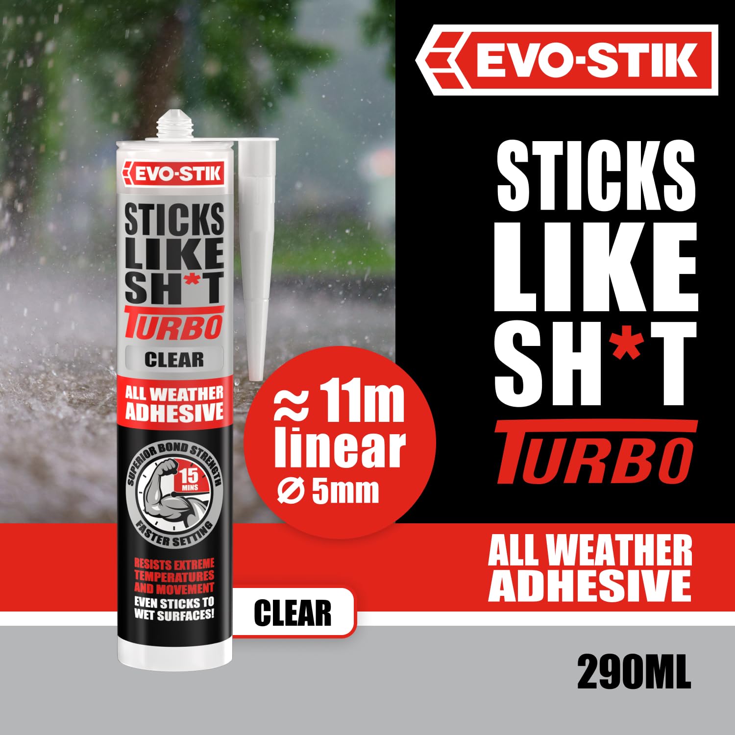 EVO-STIK Sticks Like Sh*t Turbo Adhesive, All Weather, Fast Setting, Extreme Temperature & Movement Resistant, White, 290ml