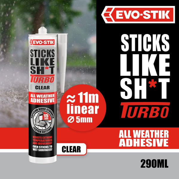 EVO-STIK Sticks Like Sh*t Turbo Adhesive, All Weather, Fast Setting, Extreme Temperature & Movement Resistant, White, 290ml