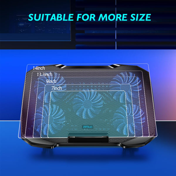 AIMIUZI Laptop Cooling Pad, Laptop Cooler for 12-15.6 Inch Notebooks, Laptop Cooling Stand with 5 Quiet Fans, 5 Height Adjustable, 2 USB Ports, Phone Stand (Black)