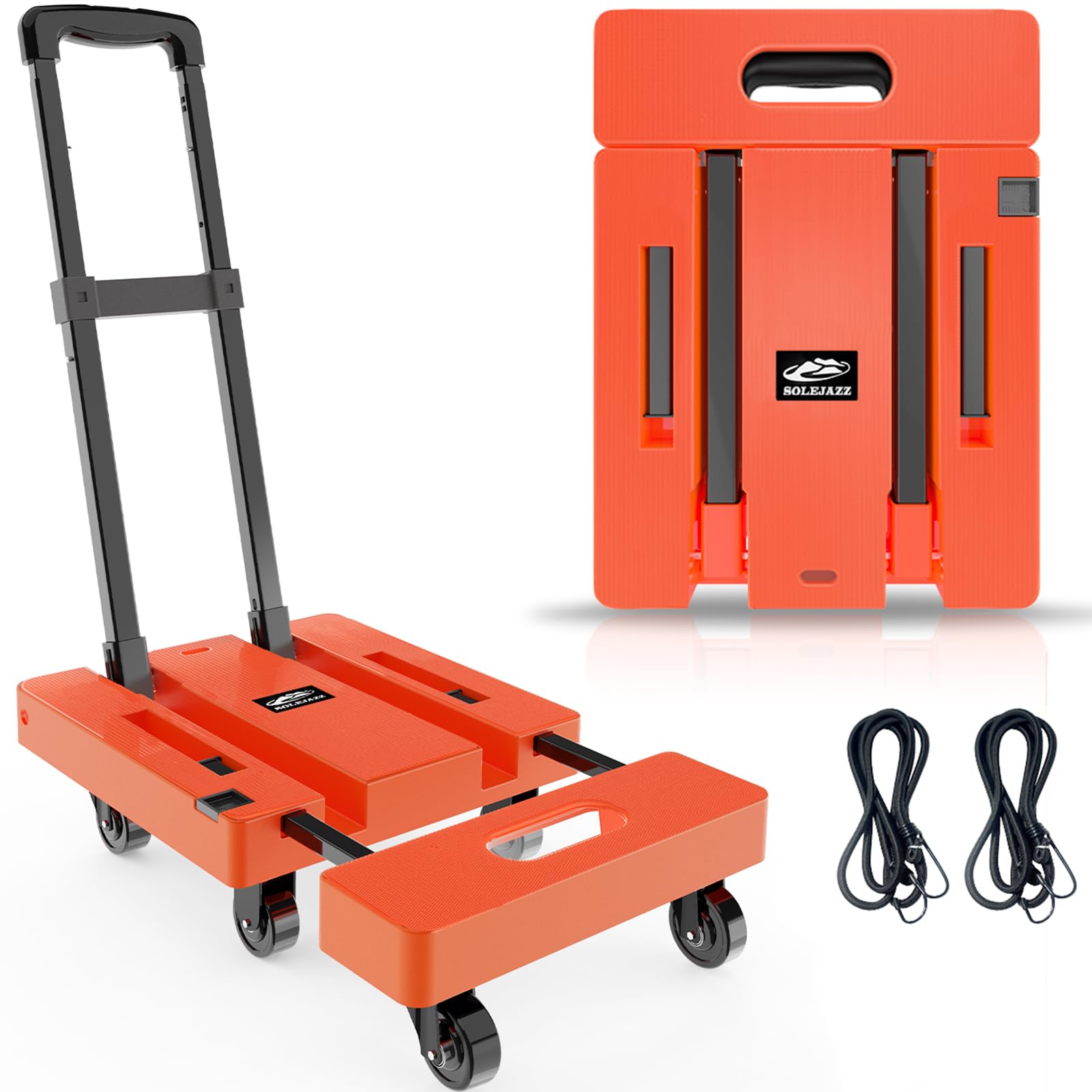 SOLEJAZZ Fold Up Portable Dolly, Folding Hand Truck for Moving, 230KG Trolley Dolly with 6 Wheels & 2 Bungee Cords for Luggage, Travel, Moving, Shopping, Office Use, Blue
