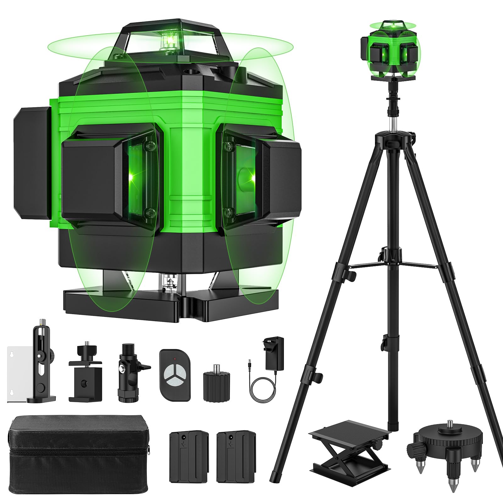 Laser Level Self Leveling 4 x 360°, 4D 16 Lines Green Professional Laser Level with 2 Batteries, Adjustable Brightness Pulse Mode, Swivel Base Remote Control Wall Bracket (with Tripod Base)