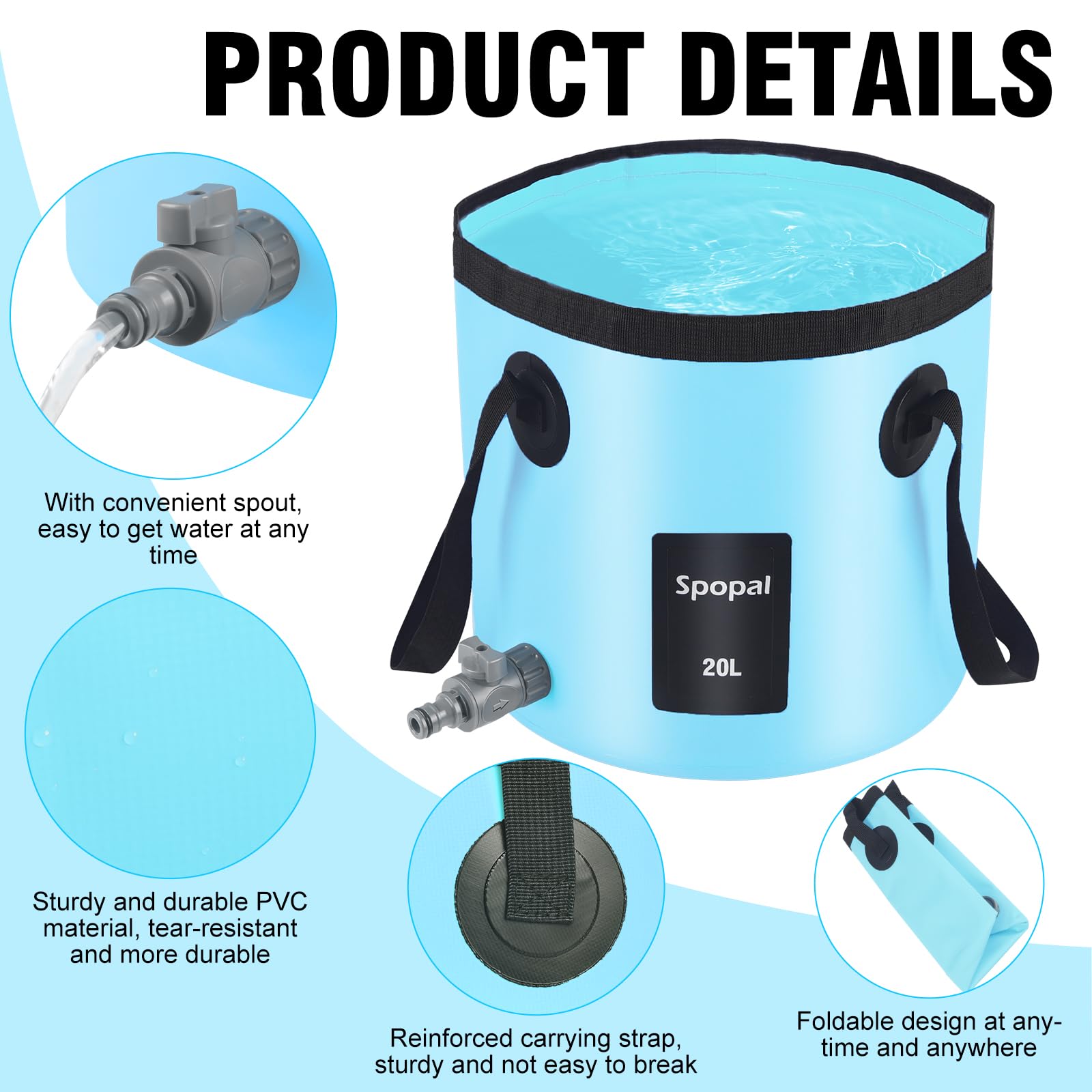 Spopal 20L Collapsible Bucket, Outdoor Foldable Bucket with Drainage Outlet for Camping, Collapsible Storage Container for Traveling Picnic Hiking Fishing Car Washing