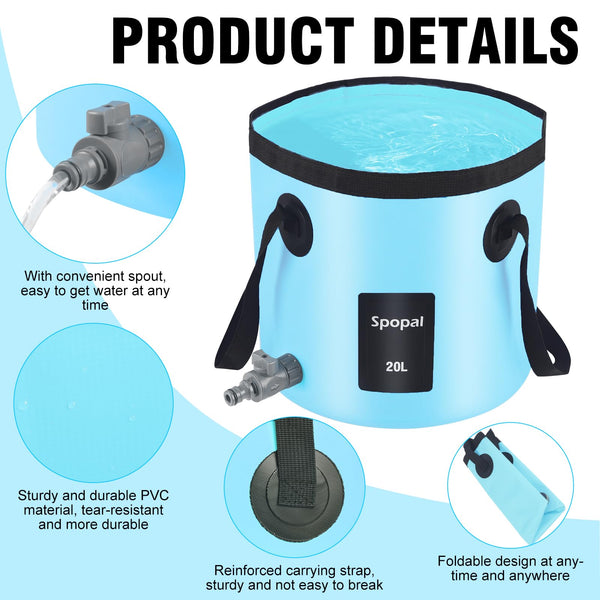 Spopal 20L Collapsible Bucket, Outdoor Foldable Bucket with Drainage Outlet for Camping, Collapsible Storage Container for Traveling Picnic Hiking Fishing Car Washing