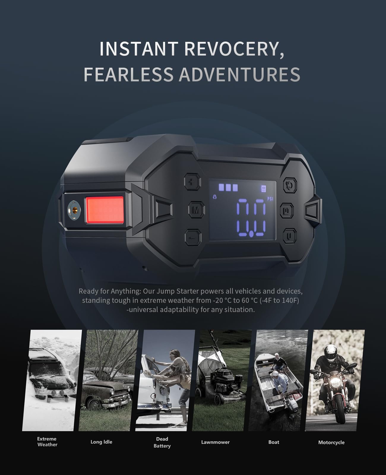 Jump Starter Power Pack Car Battery Starter 2000A 12V for 7.0L Gas & 6.5L Diesel with 12V/6A Output Extension Port, Portable Car Battery Booster 16000mAh Power Bank, High-Efficiency for All Weather