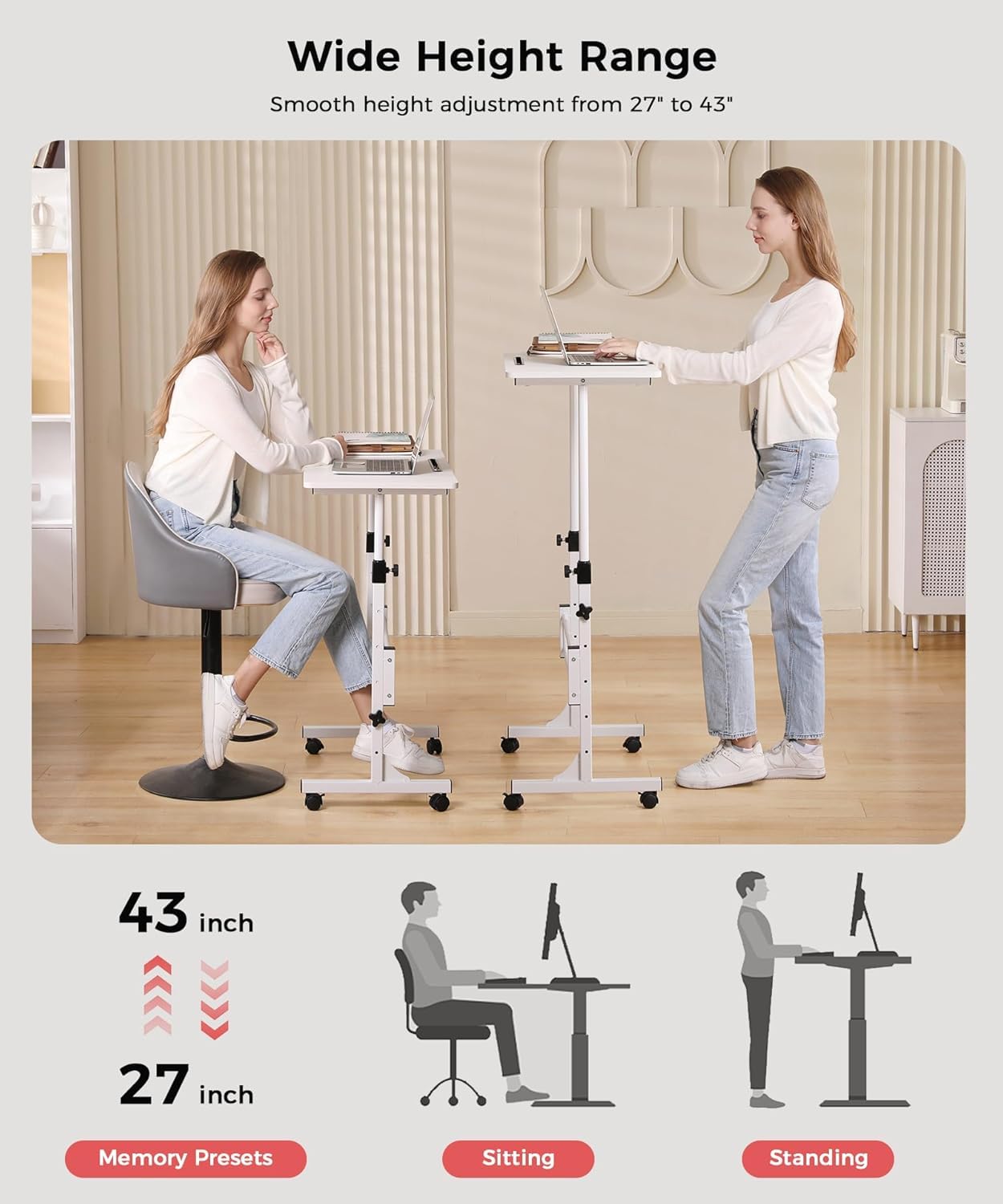 Standing Desk Adjustable Height, Mobile Stand Up Desk with Wheels Small Computer Desks, Home Office Desk, Rolling Desks, Portable Laptop Desk White Standing Table 80 x40 cm Height 70-110 cm