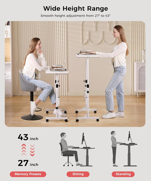 Standing Desk Adjustable Height, Mobile Stand Up Desk with Wheels Small Computer Desks, Home Office Desk, Rolling Desks, Portable Laptop Desk White Standing Table 80 x40 cm Height 70-110 cm