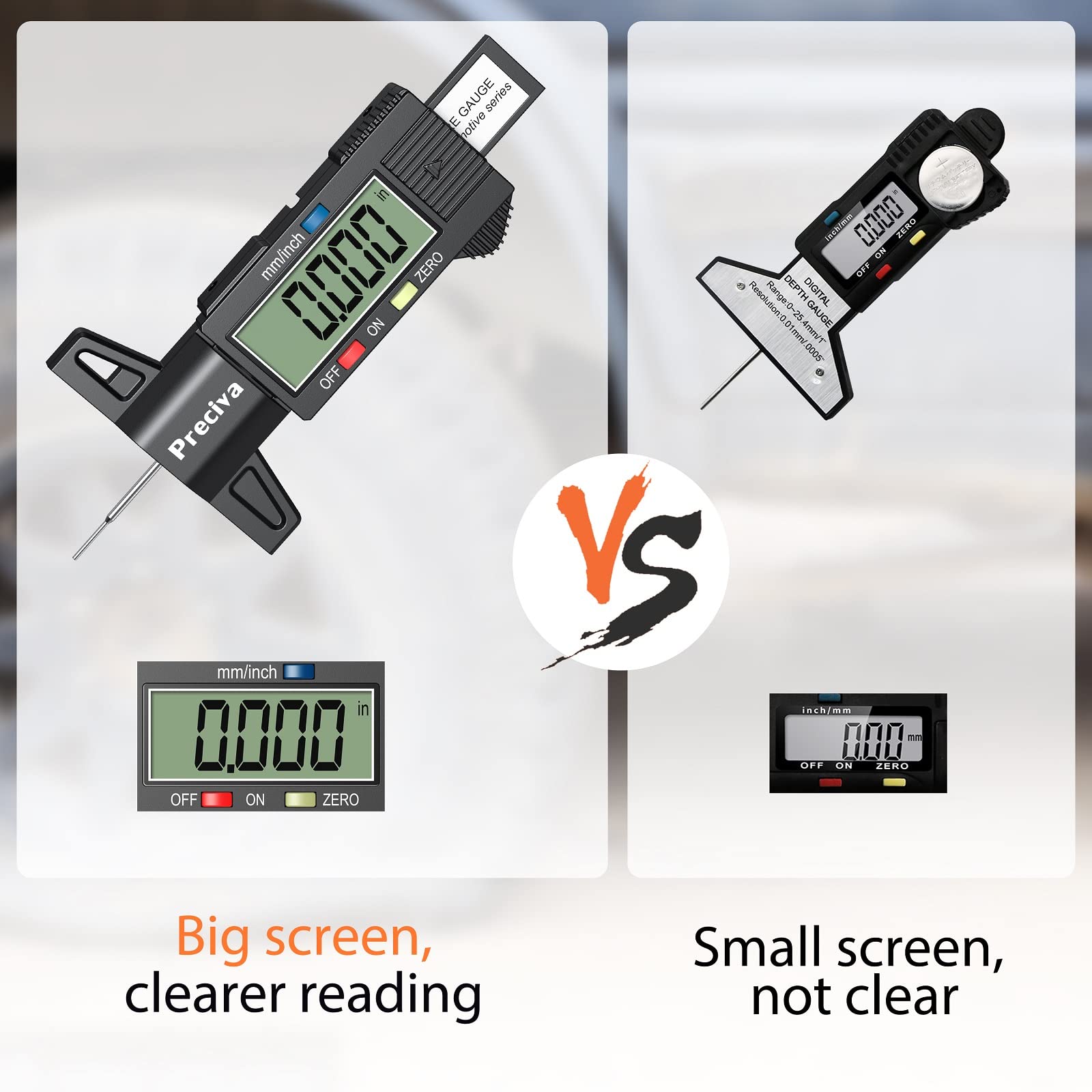 Tyre Tread Depth Gauge, Preciva Silver 0-25.4mm/Inch Digital Tire Checker UK, Tyres Depths Measuring Tool with Large LCD Screen for Cars, Trucks, Vans