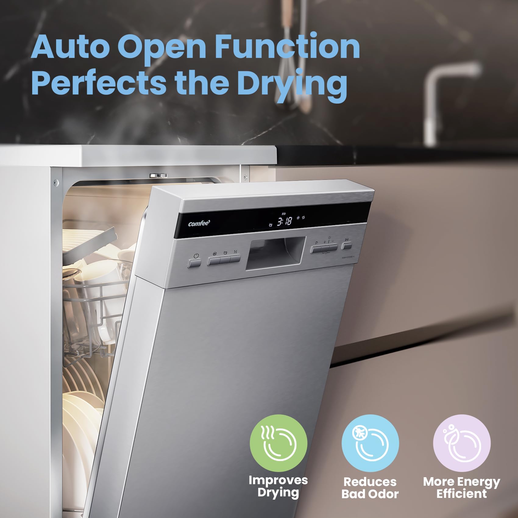 COMFEE' Freestanding Dishwasher CDWEF1034BW-UK 45cm Width, Slimline Dishwasher with 10 place settings, Quick Wash, Hygiene Wash, Delay Start, Half Load, Adjustable Basket - White