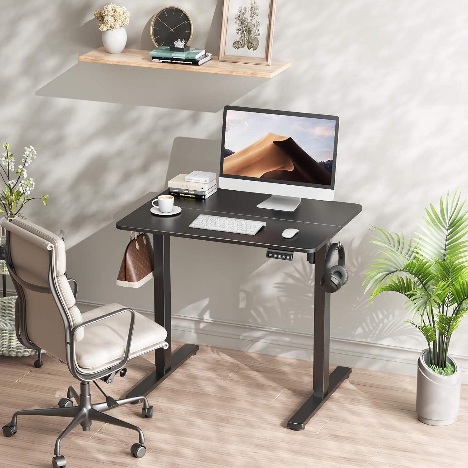ERGOMAKER Electric Height Adjustable Standing Desk 80x60cm (31.5"x23.6"), Sit Stand Desk with Splicing Top for Home Office (Black Frame + Black Desktop)