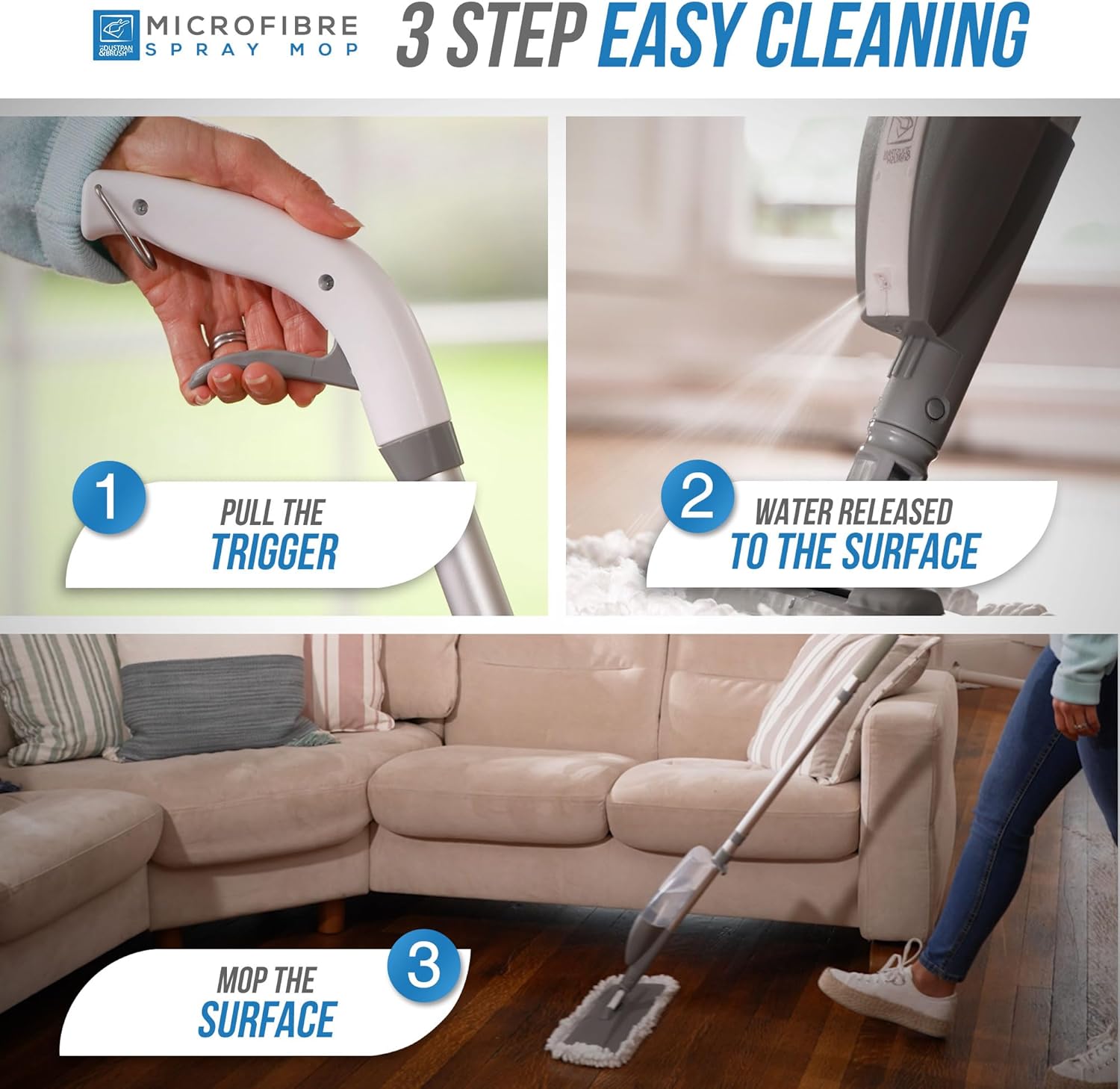 Microfibre Floor Spray Mop Dry Wet Mop Kitchen Floor Cleaning 360° Swivel Head Suitable for Cleaning Tile Laminate Hardwood Ceramic with 3 Replacement Pads, 600ML Refillable Bottle & 1 Scraper