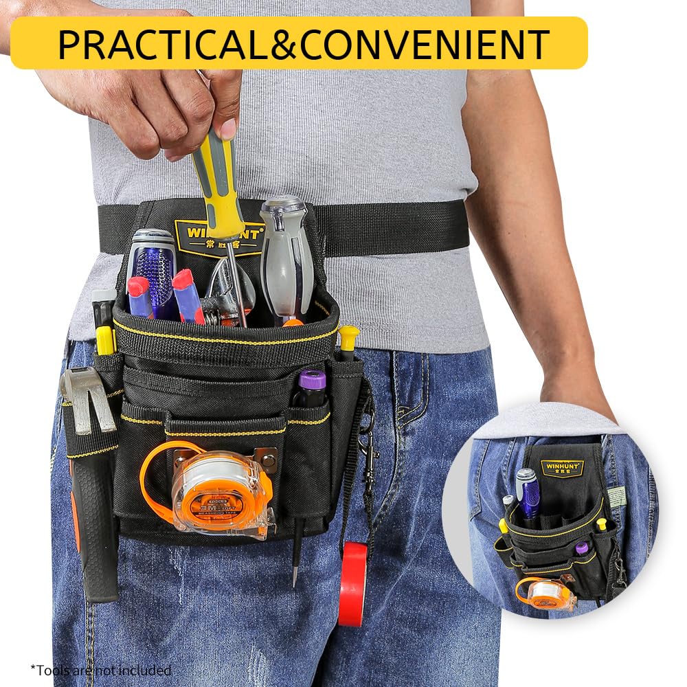 WINHUNT Tool Belt Pouch, Electrician Pouch 18 Pocket with Adjustable Nylon Belt 15x4x22cm Black (18 Pockets)