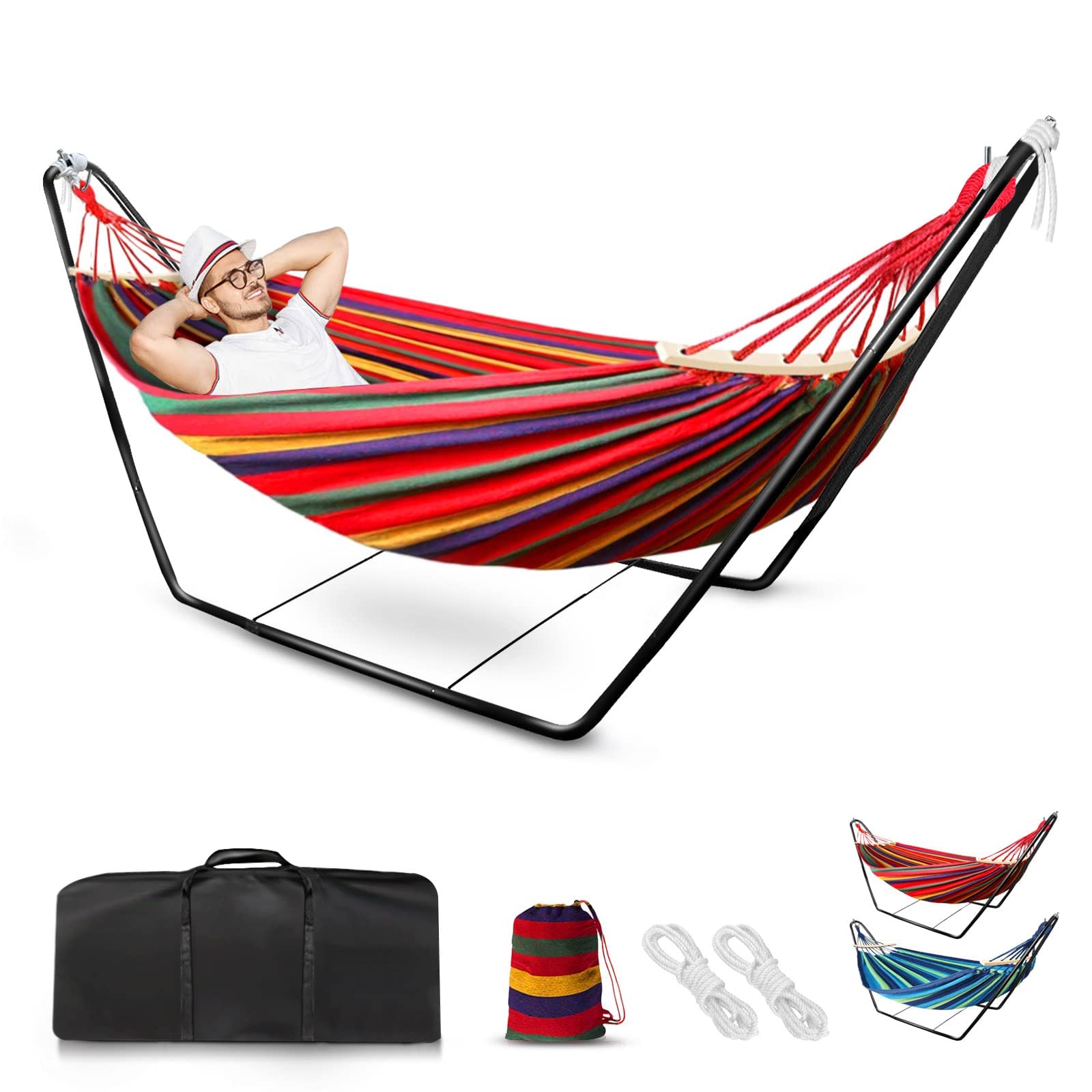 Hammock with Stand, Double Cotton Hammock with Spreader Bars, Space-Saving and Adjustable Steel Stand Perfect for Garden Camping Travel Backyard,