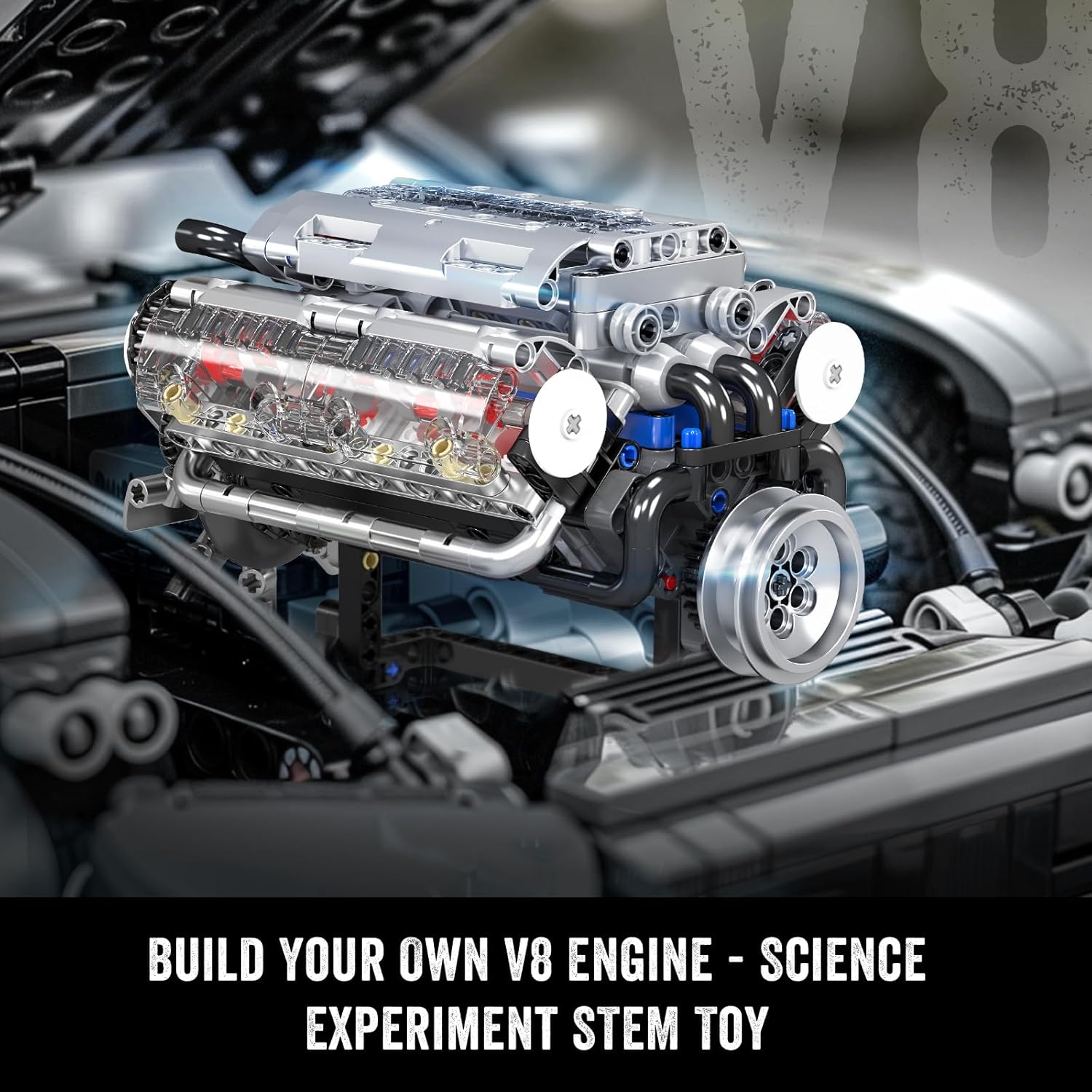 Mould King 10088 V8 Engine Building Kit - Build Your Own V8 Engine Toy, 8-Cylinder Petrol Car Engine Replica Model Building Kit for Kids/Teens 10+ Years (535 Pcs)