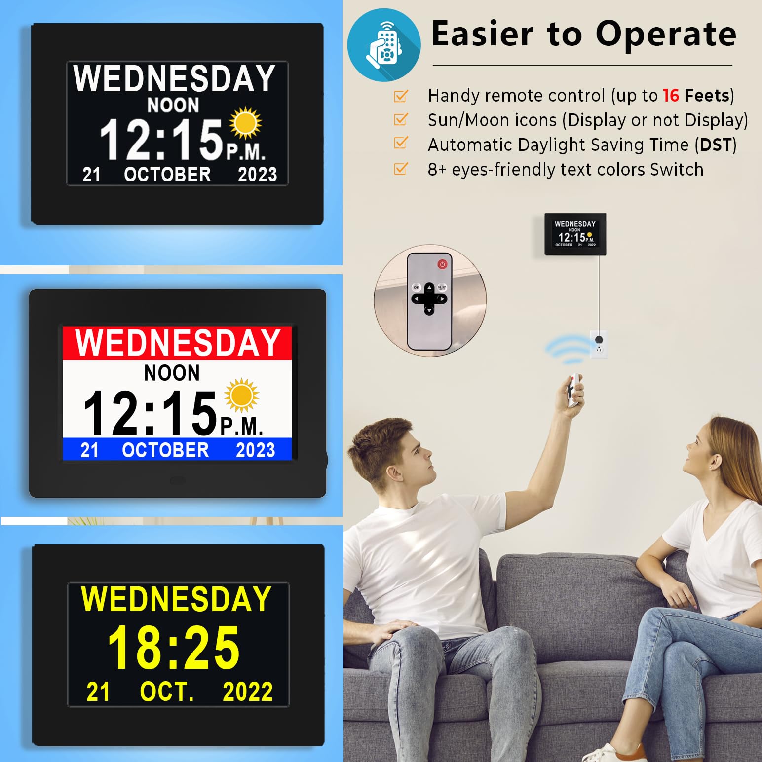 Véfaîî Newest,Dementia Clock 2.0 with Auto DST, 20 Custom Reminders, Day Clock with Sun/Moon icons for Elderly, Sleep Trainer, 7" with Remote & HD Picture Frame