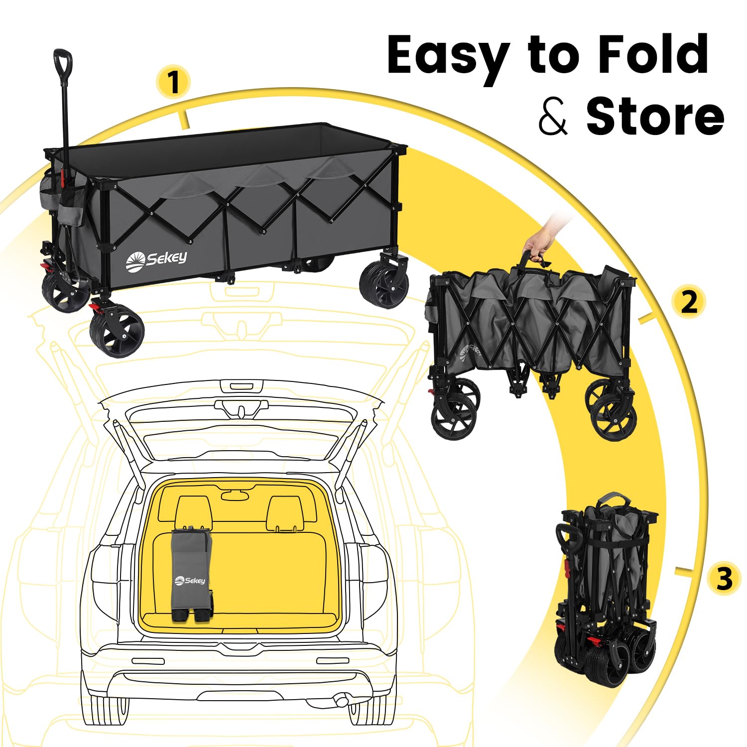 Sekey 200L Folding Festival Trolley with All-Terrain Extra Wide Wheels and Brake, Heavy-Duty Cart Loadable up to 150KG, Patented Four-Directional Foldable Design, Wagon for Beach Camping Outdoor, Grey