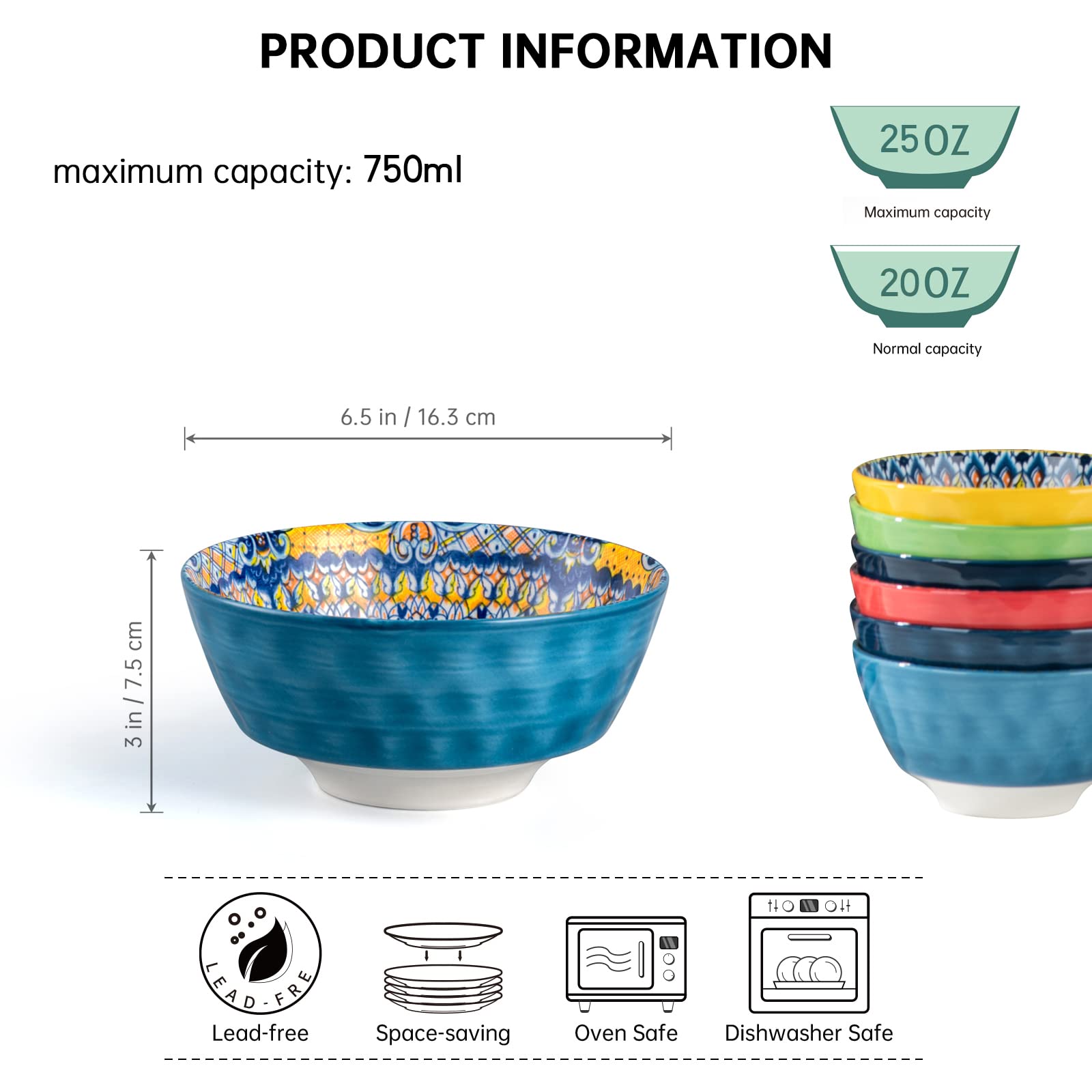 HENXFEN LEAD Dessert Bowls, Soup Bowl 750ml, Porcelain Salad Bowl Bowl Ceramic for ice Cream, Rice, Dessert, etc. Colourful, Pack of 6 - Bohemian
