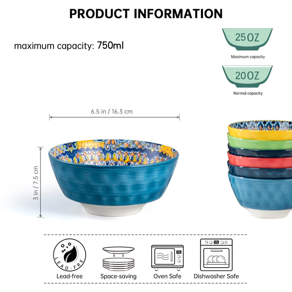 HENXFEN LEAD Dessert Bowls, Soup Bowl 750ml, Porcelain Salad Bowl Bowl Ceramic for ice Cream, Rice, Dessert, etc. Colourful, Pack of 6 - Bohemian