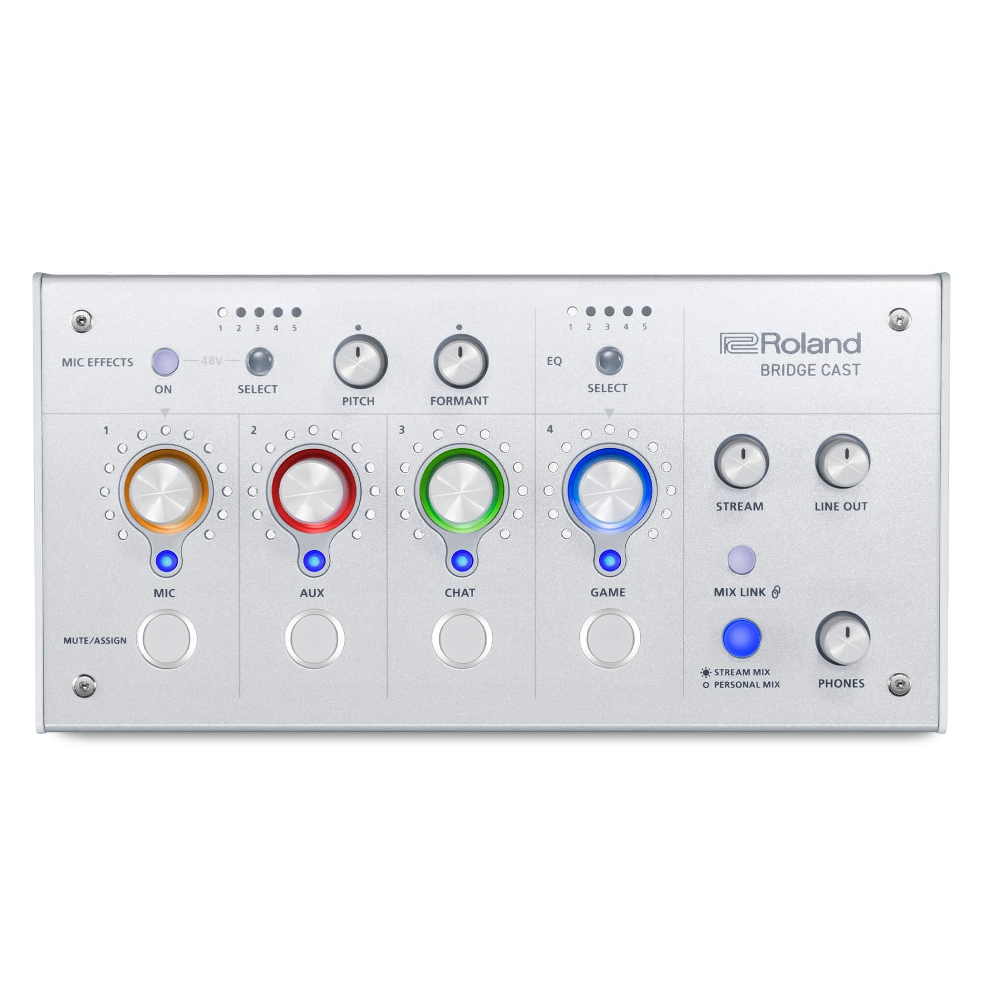 Roland BRIDGE CAST ONE Dual Bus Streaming Mixer Compact Audio Streaming Mixer For Online Gamers & Content Creators 32-Bit Hardware DSP USB-C Windows and Mac Connectivity XLR Mic Support
