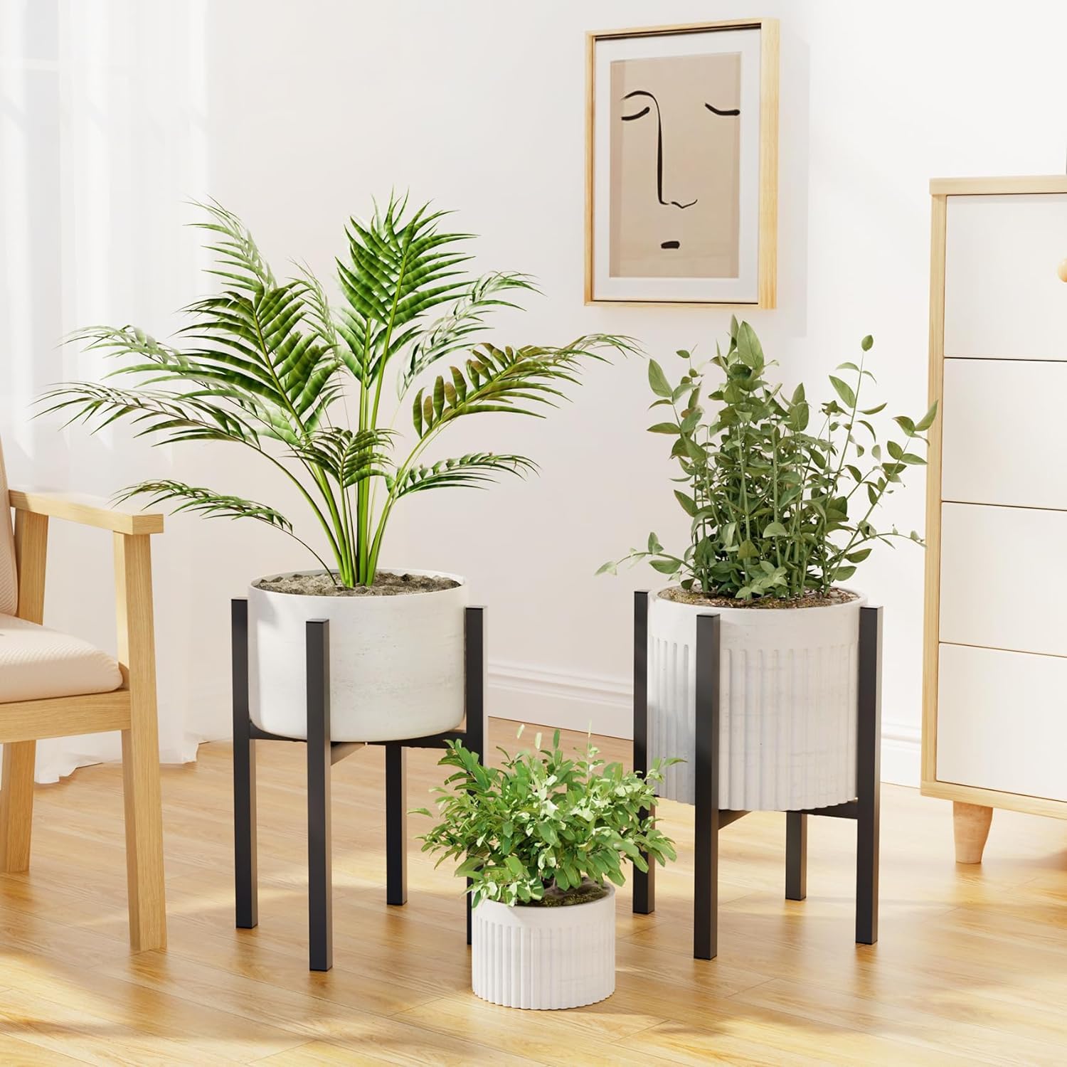 Jeackcelle 2 Set Adjustable Plant Stand, Mid-Century Metal Flower Pot Stand with Trays Fit for Different Size Pots, Heavy Duty Plant stands Holder