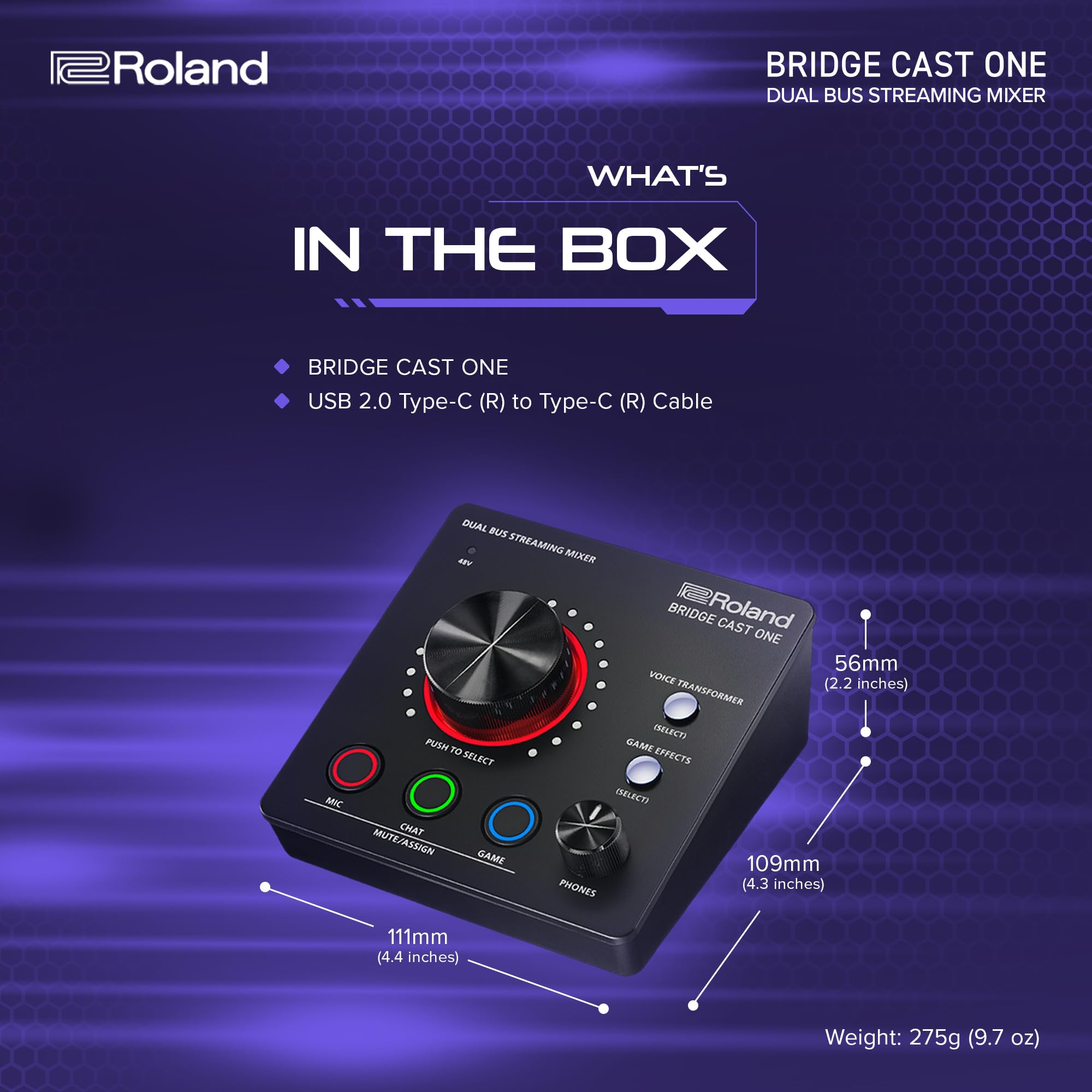 Roland BRIDGE CAST ONE Dual Bus Streaming Mixer Compact Audio Streaming Mixer For Online Gamers & Content Creators 32-Bit Hardware DSP USB-C Windows and Mac Connectivity XLR Mic Support
