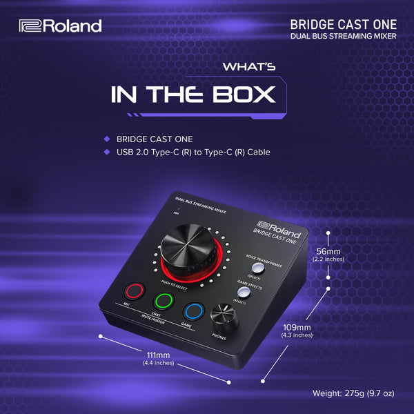 Roland BRIDGE CAST ONE Dual Bus Streaming Mixer Compact Audio Streaming Mixer For Online Gamers & Content Creators 32-Bit Hardware DSP USB-C Windows and Mac Connectivity XLR Mic Support