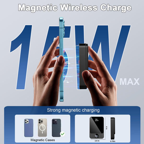 Magnetic Power Bank 10000mAh，20W Fast Charging Portable Charger, Wireless Power Bank with LED Display, Small USB-C Battery Pack with Mag-safe for iPhone 16/15 Plus/Pro/Max,14/13/12 Series,Black