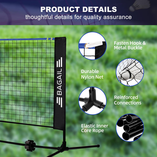 BAGAIL Badminton Net, Foldable Nylon Net, Hieght Adjustable Stand and Portable Carry Bag, Easy to Assemble or Disassemble, Ideal Recreational Sports Net for Tennis, Kids Badminton or Volleyball