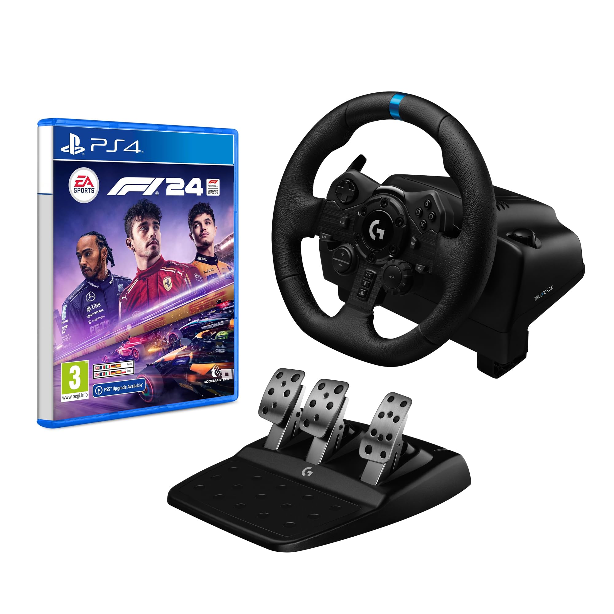 Logitech G G923 Racing Wheel and Pedals, TRUEFORCE up to 1000 Hz Force Feedback, Responsive Driving Design, Dual Clutch Launch Control, Genuine Leather Wheel Cover, for PS5, PS4, PC, Mac - Black