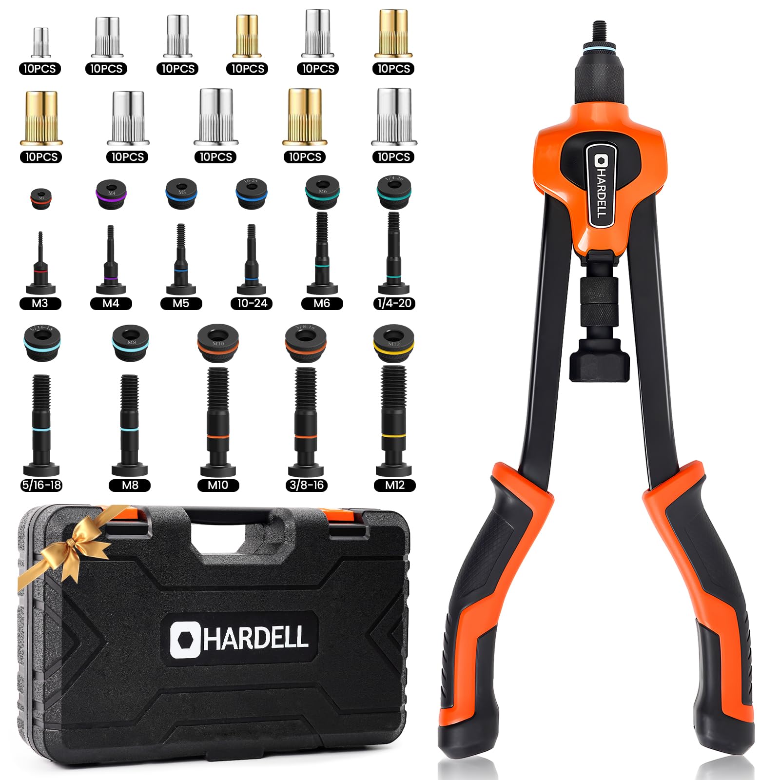 HARDELL Rivet Nut Tool, 14" Rivnut Tool with 100 Pcs Rivet Nuts and 7 Metric & Inch Mandrels M6 M8 M10, 1/4-20, 5/16-18, 3/8-16, 10-24 and Rugged Carrying Case