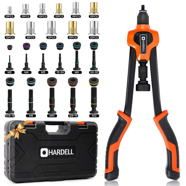 HARDELL Rivet Nut Tool, 14" Rivnut Tool with 100 Pcs Rivet Nuts and 7 Metric & Inch Mandrels M6 M8 M10, 1/4-20, 5/16-18, 3/8-16, 10-24 and Rugged Carrying Case